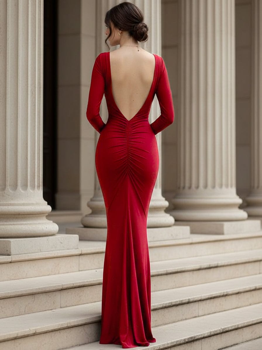 Cloud Wear CLARA Czerwona Długa Sukienka z Głębokim Dekoltem na Plecach i Marszczeniem