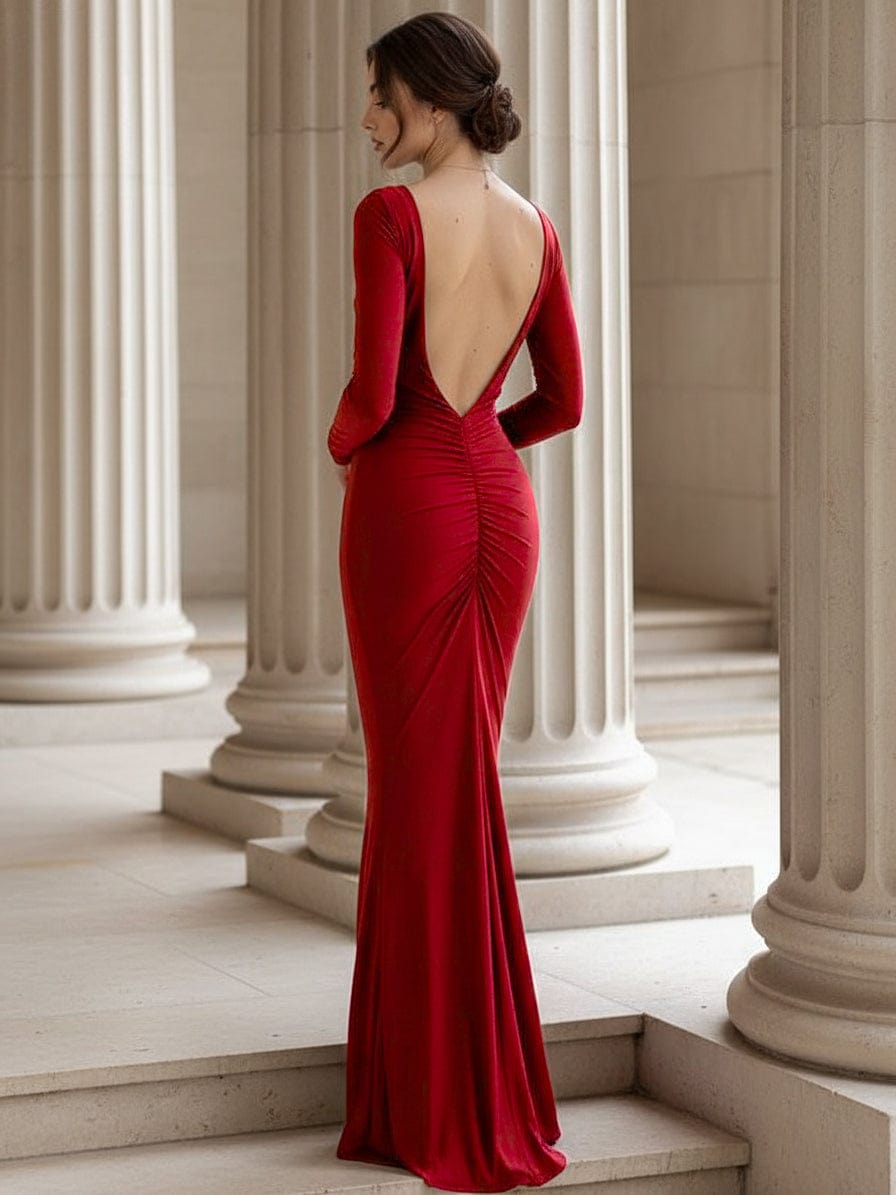 Cloud Wear CLARA Czerwona Długa Sukienka z Głębokim Dekoltem na Plecach i Marszczeniem