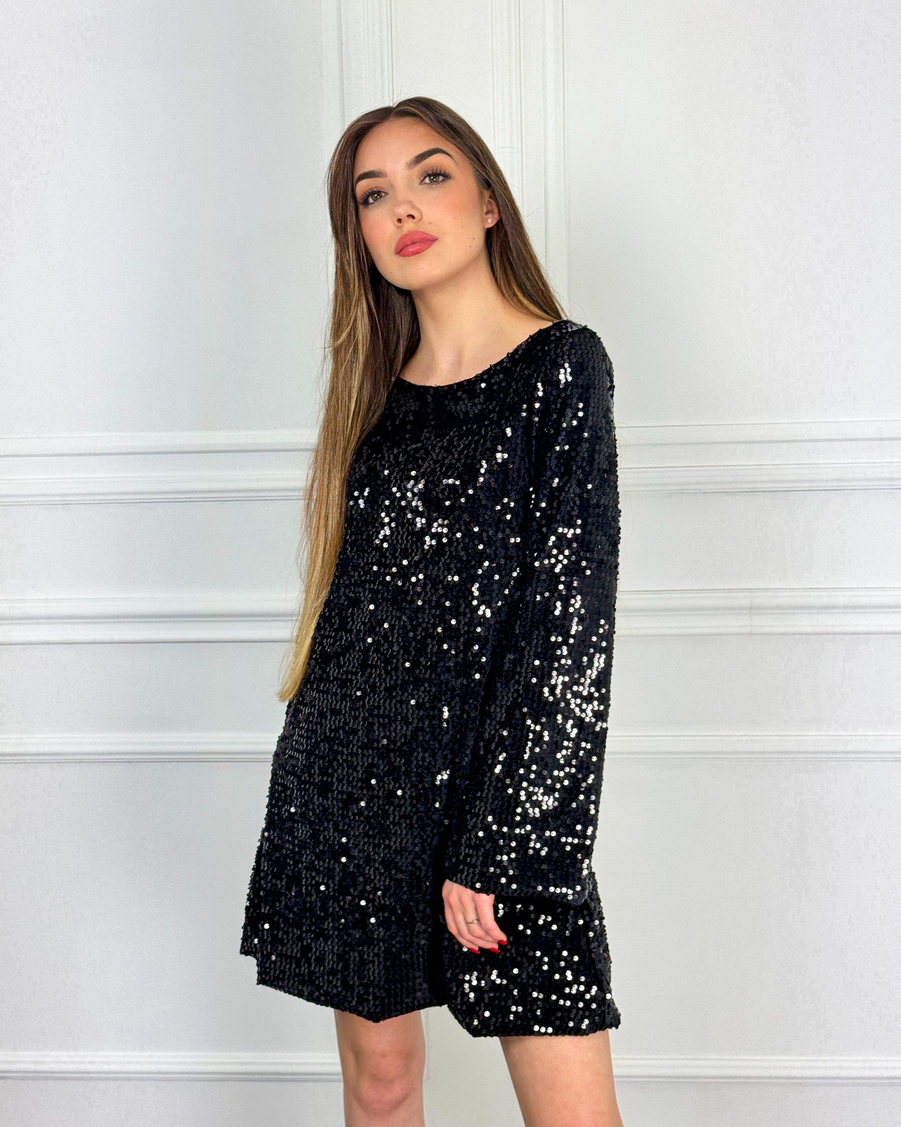 Cloud Wear Czarny / XS AGATHA Cekinowa Sukienka Mini z Szerokimi Rękawami