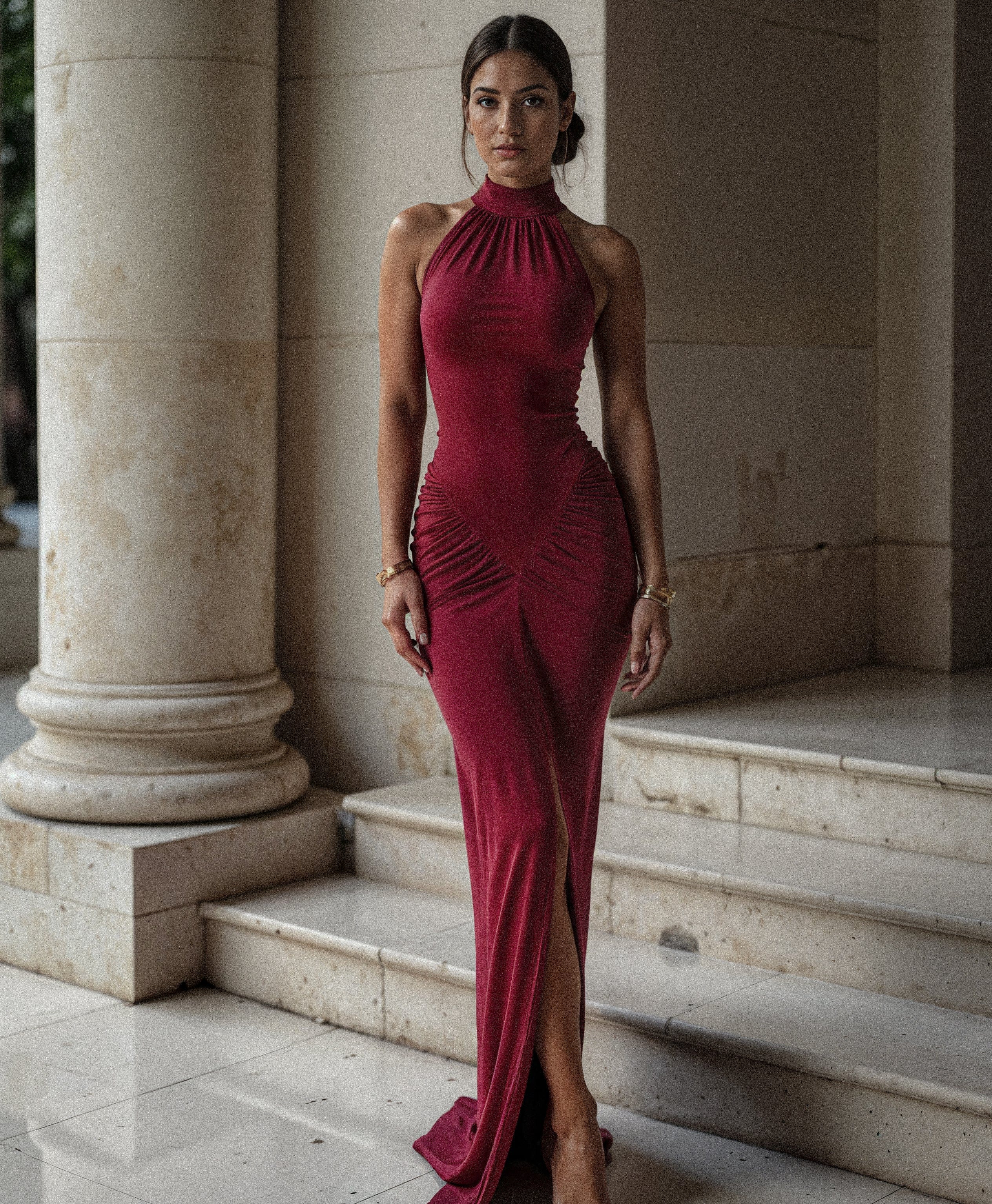 Cloud Wear SERENA – Sukienka Maxi z Marszczeniem i Zabudowaną Górą Bordowy